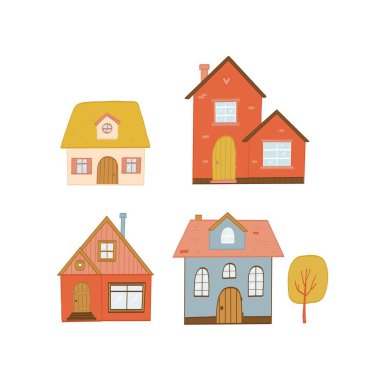 Sevimli evler tırmanıyor, karalama koleksiyonu, çıkartmalar, baskılar, kartlar, gayrimenkul dekorları vs. için el çizimi karikatürler. Kır evleri, kırsal alan. EPS 10
