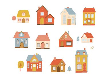 Güzel evler koleksiyonu, el çizimi yazmaları çıkartmalar, baskılar, kartlar, posterler, gayrimenkul teması. EPS 10