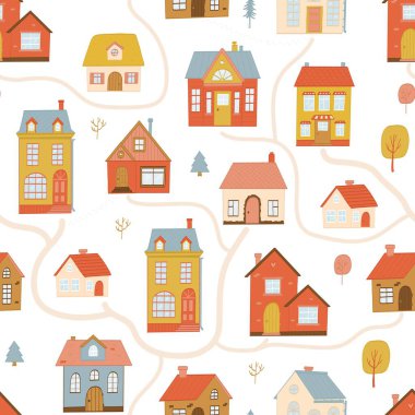 Şirin kulübeler, kırsal evler parmak izi, duvar kağıdı, hatıra defteri, ambalaj kağıdı, tekstil vb. karalamaları olan dikişsiz evler. EPS 10