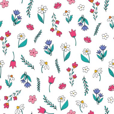 Bahar çiçekleri duvar kâğıdı, tekstil baskıları, ambalaj kağıdı, kırtasiye kağıdı, dijital kağıt vs. için kusursuz desenler çizer. EPS 10