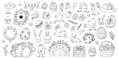 Paskalya monokrom karalamaları, boyama kitapları, sayfalar, çocuk aktiviteleri, kartlar, posterler, sosyal medya dekorları, hatıra defteri, kırtasiye, çıkartmalar vb. EPS 10