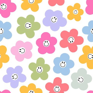 Bebek odası dekoru, duvar kağıdı, arka plan, hatıra defteri, kırtasiye malzemesi, ambalaj kağıdı, tekstil baskısı vb. için gülen yüzlü şirin, harika çiçekler. EPS 10