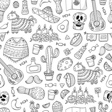 Meksika karalamaları renklendirme sayfaları, ambalaj kağıtları, kağıtlar, kağıtlar, arka planlar, duvar kağıtları, dijital kağıtlar için tek renkli desen. EPS 10