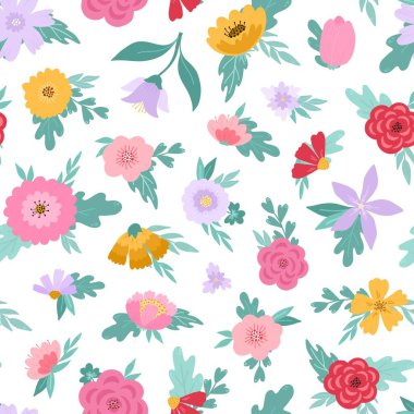 Zarif el yapımı çiçekleri ve tekstil ürünleri, kırtasiye malzemeleri, dijital kâğıtlar, duvar kağıtları için gür yaprakları olan çiçeksiz desenler. Bahar teması. EPS 10