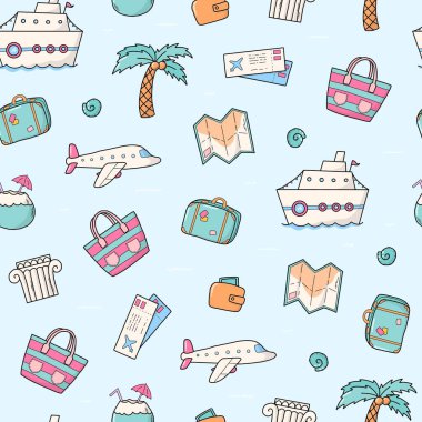 Yaz tatilleri, tatil karalamaları duvar kâğıdı, paket kağıdı, yapıştırma kitabı, dijital kağıt, tekstil baskıları, arka plan, ambalaj, vb. EPS 10