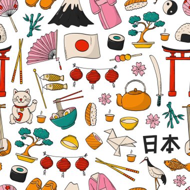 Japonya karalamaları, karikatür elementleri duvar kağıdı, arka plan, tekstil baskıları, ambalaj kağıdı vs. EPS 10