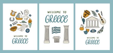 Yunanistan tebrik kartlarına, posterlere, afişlere, karalama ve alıntılarla süslenmiş duvar kağıdı koleksiyonuna hoş geldiniz. Yunanistan Bağımsızlık Günü teması, turizm ve seyahat. EPS 10