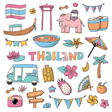 Tayland karalama koleksiyonu, baskılar, posterler, afişler, çıkartmalar, tabelalar, sosyal medya vesaire için karikatür öğeleri. EPS 10