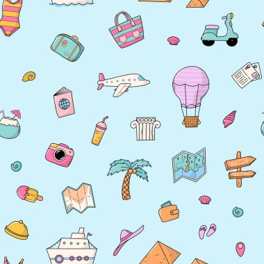 Yaz karalamaları pürüzsüz desen, seyahat tatilleri duvar kâğıdı, tekstil baskısı, ambalaj kağıdı, yapıştırma kitabı, kırtasiye malzemesi, arka plan, dijital kağıt, vs. EPS 10