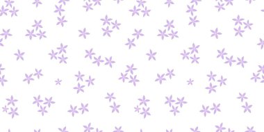 Beyaz arka planda, çocuklar için desensiz mor çiçekler giyim, tekstil, duvar kağıdı, kırtasiye, yatak örtüsü, ev dekorasyonu, ambalaj kağıdı vs. EPS 10