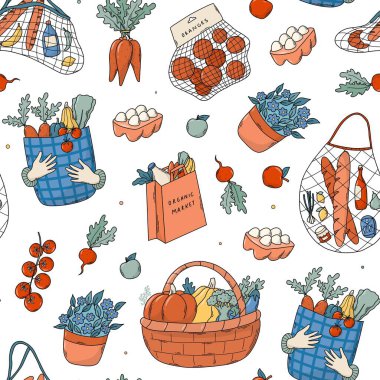 Duvar kağıtları, arka planlar, tekstil baskıları, ürün ambalajları, ambalaj kağıtları için kusursuz desenler. Organik yiyecekler, sağlıklı beslenme teması. EPS 10