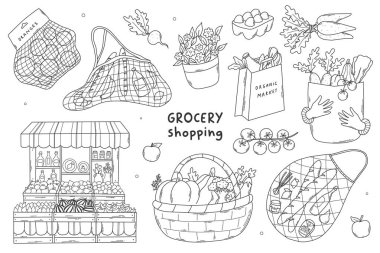 Market alışverişi el çizimleri karalama koleksiyonu, caqrtoon unsurları sosyal medya, çıkartmalar, baskılar, kartlar, eko-market, çevre dostu alışveriş teması. EPS 10