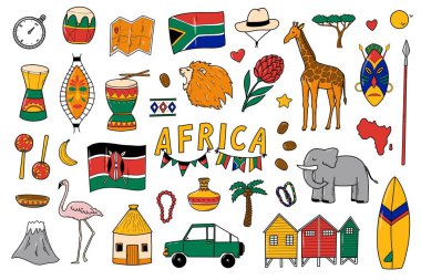 Afrika karalamaları, çizgi film unsurları koleksiyonu çocuk dekoru, anaokulu aktiviteleri, çıkartmalar, baskılar, kartlar, kırtasiye, kupürler, vb. EPS 10