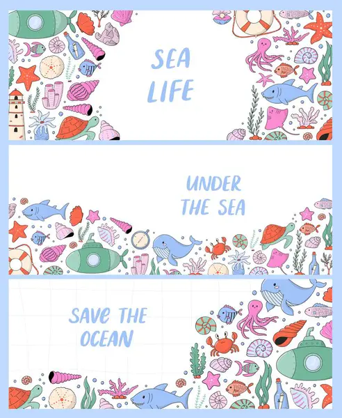 Deniz yaşamı yatay pankartlar koleksiyonu, karalamalar ve alıntılar. Okyanus temasını sakla. Posterler, baskılar, kartlar, davetiyeler, sosyal medya vesaire için iyidir. EPS 10