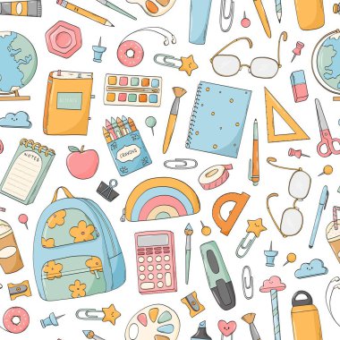 Okulun pürüzsüz desenleri, güzel karalamalı okul duvar kağıtları, baskılar, kâğıtlar, ambalaj kağıtları, afişler, kartlar vs. EPS 10