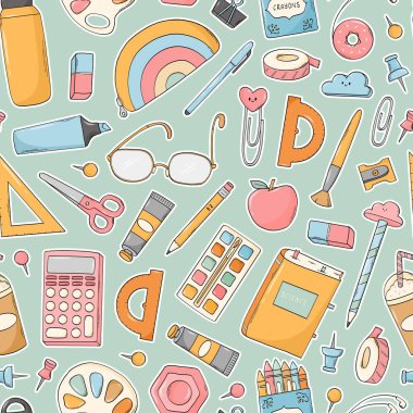 Okul malzemelerinin kusursuzca çizildiği desenlere, yeşil arkaplanda parmak izi, kâğıt, duvar kâğıdı, ambalaj kağıdı, arka plan, kapaklar için karikatür öğelerine geri dönüyoruz. EPS 10