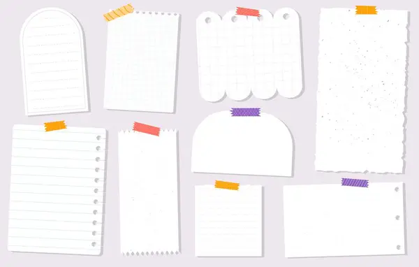 Toplanan notlar, yapışkan bantlı boş kağıt kağıtlar. Koleksiyon defteri, baskı, şablon, planlama tasarımı. EPS 10