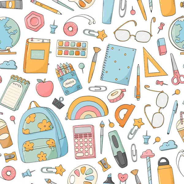 Okulun pürüzsüz desenleri, güzel karalamalı okul duvar kağıtları, baskılar, kâğıtlar, ambalaj kağıtları, afişler, kartlar vs. EPS 10