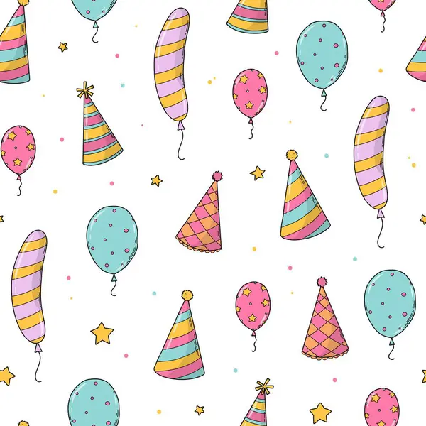 Duvar kâğıdı, arkaplan, tekstil baskısı, yapıştırma defteri, kırtasiye, vb için balon ve koni şapkası karalamalarıyla dogmasız doğum günü şablonu. EPS 10