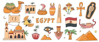 Mısır karalamaları, posterler, çıkartmalar, afişler, kartlar, işaretler için karikatür unsurları koleksiyonu. EPS 10