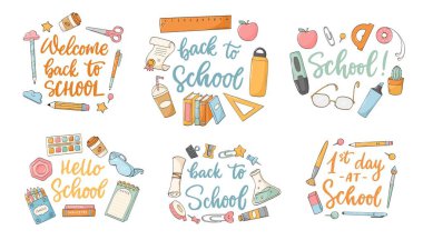 Tebrik kartları, pankartlar, baskılar, posterler, davetiyeler, çıkartmalar, kırtasiyeler için karalamalar ve karalamalarla okul kompozisyon koleksiyonuna geri dönüyoruz. EPS 10