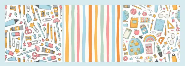 Okul, eğitim temalı pürüzsüz desenler. Duvar kağıtları, baskılar, arka planlar, kırtasiye dekorları, ambalajlar vs. için okul malzemeleriyle süslenmiş. EPS 10
