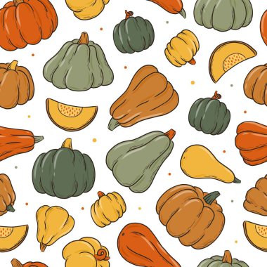 Şükran Günü duvar kağıtları, arka planlar, tekstil baskıları, ambalaj kağıdı, sofra takımı, ev dekorasyonu vs. için kusursuz desenler çizer. Sonbahar hasat teması. EPS 10