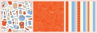 Tekstil baskıları, duvar kâğıtları, ambalaj kağıtları, hatıra defterleri, kırtasiyeler vs. için mutfak aletleri karalamalarıyla dekore edilmiş kusursuz mutfak kalıpları. EPS 10