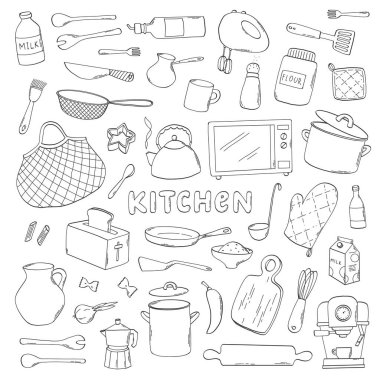 Mutfak monokrom karalaması, mutfak eşyaları, parmak izleri, kartlar, çıkartmalar, renkli sayfalar, pankartlar, sosyal medya, ikonlar vs. için mutfak aletleri. EPS 10