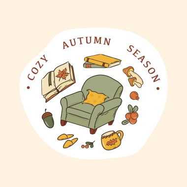 Sonbahar kartı, poster, afiş, 'rahat sonbahar sezonu' yazılı baskı tasarımı ve karalamalar. Şablonlar, davetiyeler, çıkartmalar vs. için iyidir. EPS 10