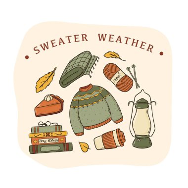 Sonbahar kartı, poster, duvar kağıdı, baskı, 'kazak havası' yazılı pankart tasarımı ve güzel karalamalar. EPS 10