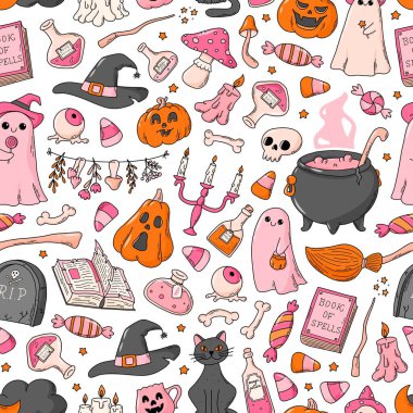 Cadılar Bayramı duvar kağıtları, tekstil baskıları, dijital arka planlar, ambalaj kağıtları vs. için kusursuz desenler çizer. EPS 10