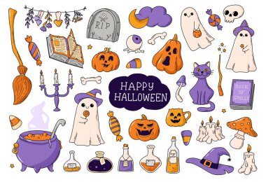 Cadılar Bayramı karalamaları koleksiyonu, karikatür unsurları, baskılar, çıkartmalar, afişler, kartlar, tabelalar, sosyal medya dekoru, çocuk odası, planlamacılar, giyim vb. EPS 10