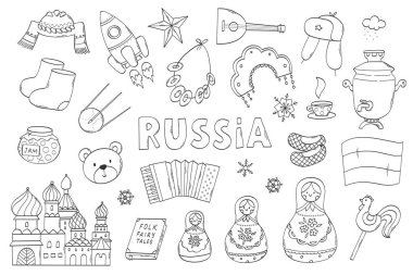 Rusya ve Rus kültürü tek renkli karalama koleksiyonu boyama sayfaları, kitaplar, baskılar, kartlar, posterler, afişler, çıkartmalar, vs. EPS 10