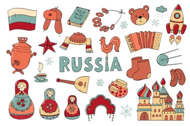 Rusya ve Rus kültür temalı karalamalar, karikatür unsurları, çıkartmalar, baskılar, sosyal medya dekoru, kartlar, ikonlar vb. EPS 10