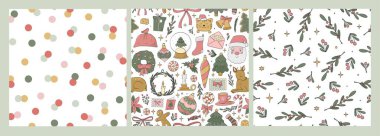 Tekstil baskıları, yapıştırma kitabı, kırtasiye, duvar kağıdı, ambalaj kağıdı, arkaplan, hediye paketi vs. için noel aralıksız desenler koleksiyonu. EPS 10