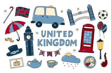 Birleşik Krallık, İngiltere karalamaları, çıkartmalar, baskılar, kartlar, pankartlar, pankartlar, sabit dekorlar için karikatür koleksiyonu. EPS 10