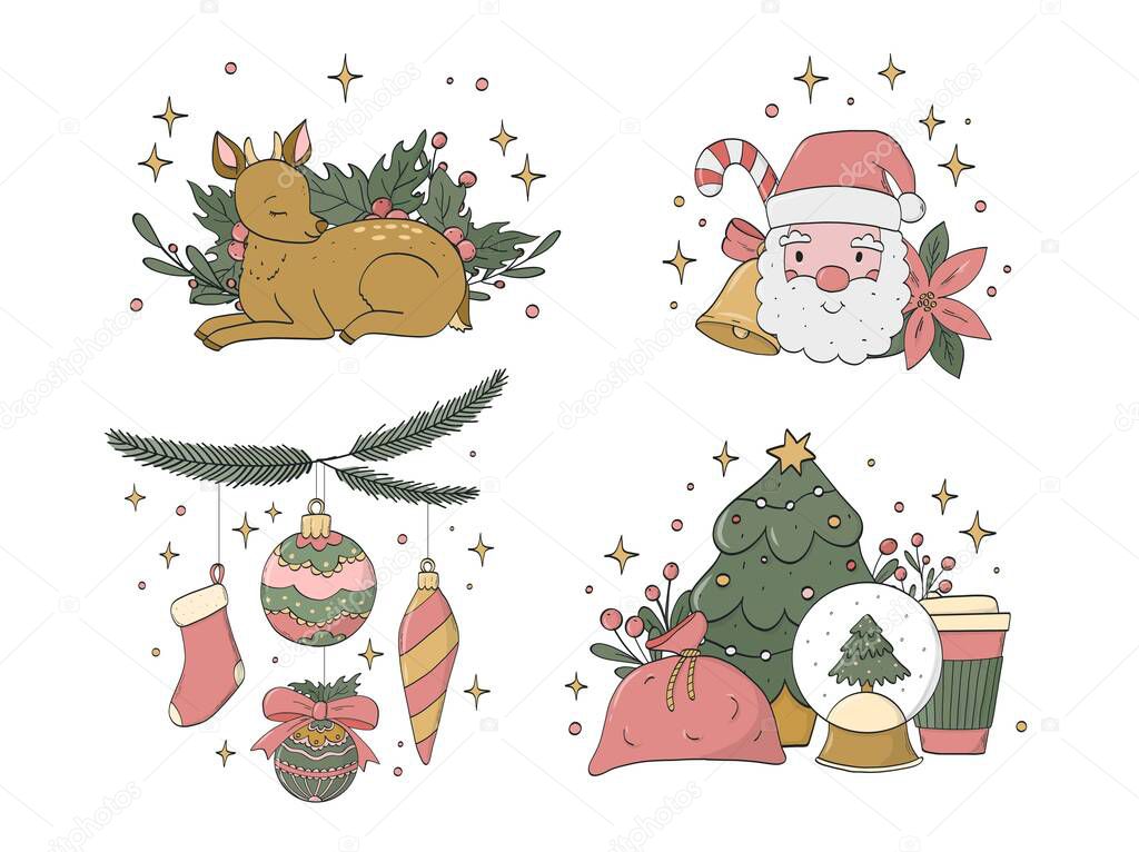 Christmas scenes, doodles compositions collection for cards, posters, banners, invitation, prints decor. EPS 10