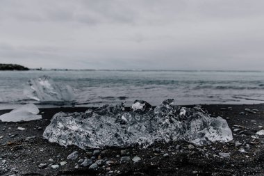 Sahilde üzerinde buz olan bir taş.