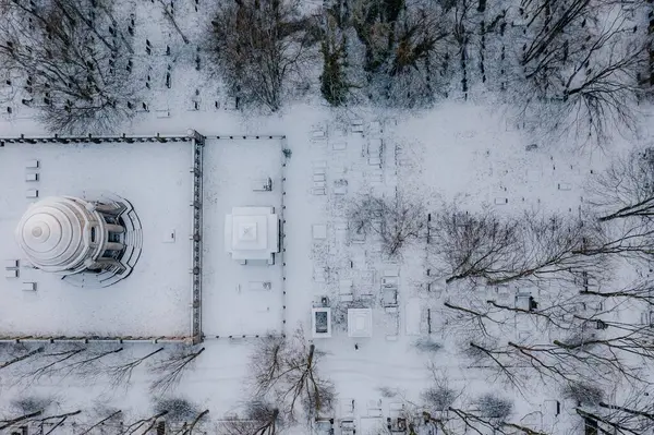 Karda ağaçlarla çevrili beyaz bir bina.