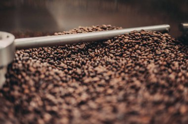 Bir kahve değirmeni ve bir yığın kahve çekirdeği.