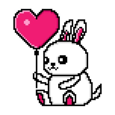 pixel art cute bunny holding a love balloon