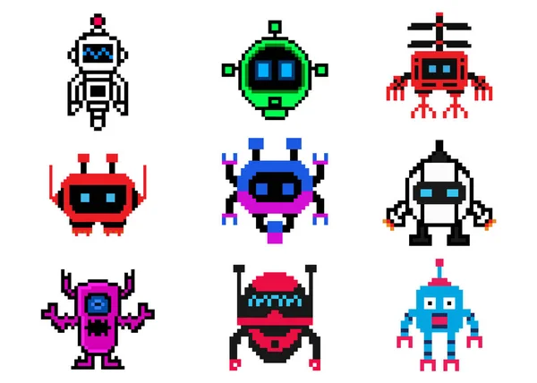 set pixel art robot design for game assets