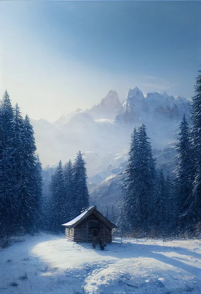 winter landscape of wood cabin with snow  in winter season