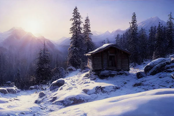 winter landscape of wood cabin with snow  in winter season