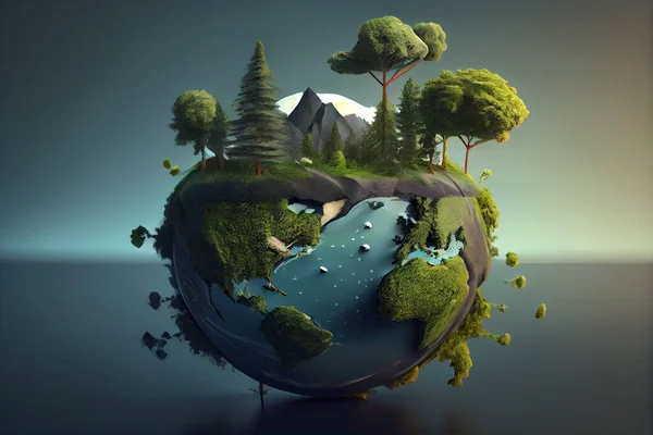 Earth Day concept , world planet with a tree waterfall sea lake on world