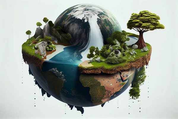 Earth Day concept , world planet with a tree waterfall sea lake on world