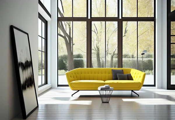 room with yellow sofa on white wall ,