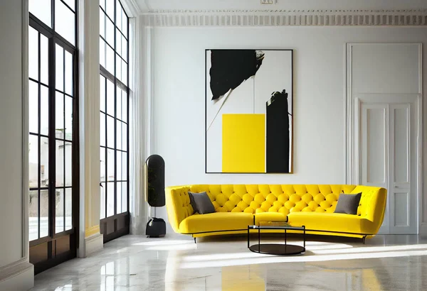 room with yellow sofa on white wall ,
