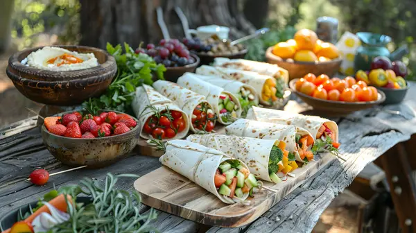 A Sumptuous Outdoor Feast with Fresh Vegetables and Wraps